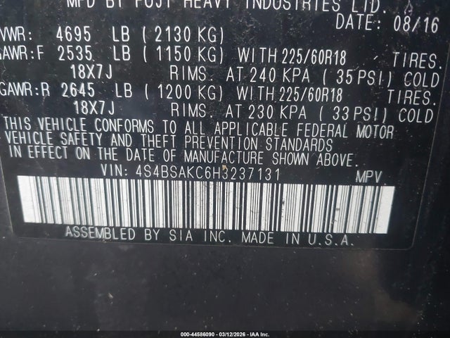 Продаж на аукціоні авто 2017 Subaru Outback 2.5i Limited, vin: 4S4BSAKC6H3237131, номер лоту: 44586090