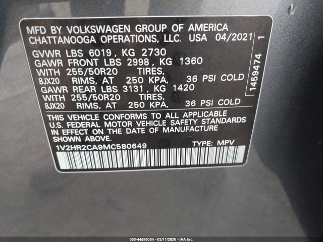 Продаж на аукціоні авто 2021 Volkswagen Atlas 3.6l V6 Se W/technology, vin: 1V2HR2CA9MC580649, номер лоту: 44586094