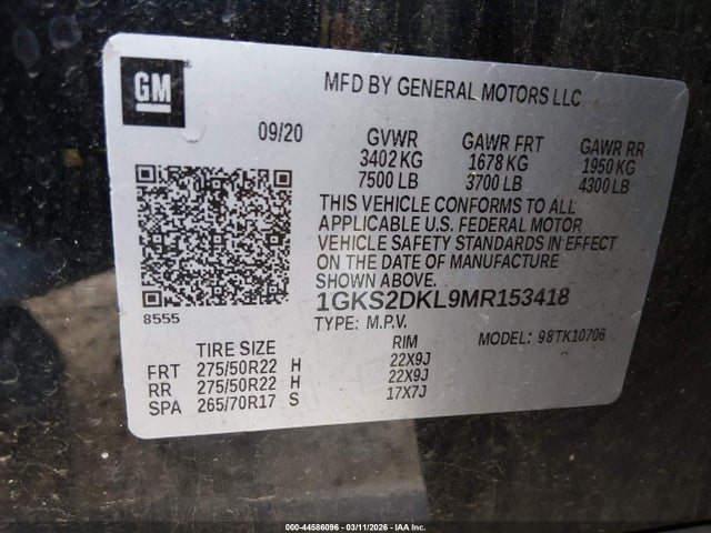 44586096 :رقم المزاد ، 1GKS2DKL9MR153418 vin ، 2021 Gmc Yukon 4wd Denali مزاد بيع