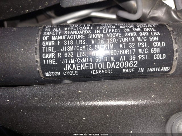 44586104 :رقم المزاد ، JKAENED10LDA20962 vin ، 2020 Kawasaki En650 D مزاد بيع