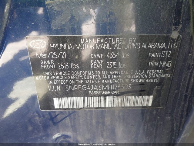 2021 Hyundai Sonata Se მანქანა იყიდება აუქციონზე, vin: 5NPEG4JA6MH126503, აუქციონის ნომერი: 44586107