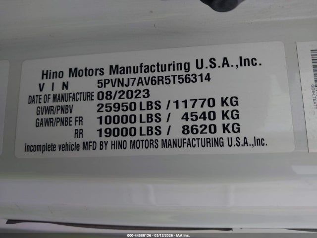 Aukcja sprzedaży 2024 Hino Hino L6, vin: 5PVNJ7AV6R5T56314, numer aukcji: 44586126