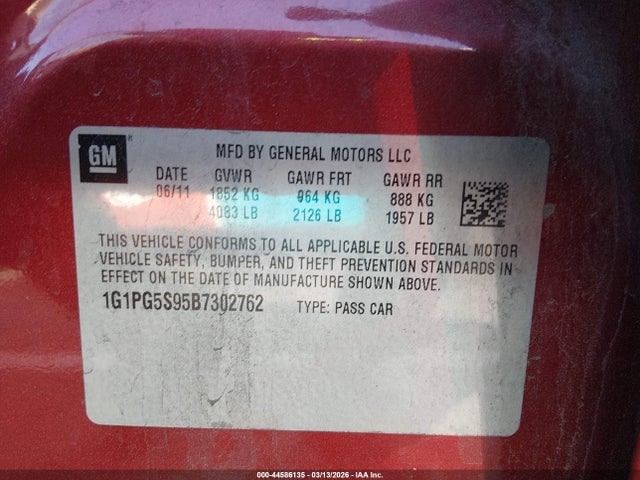 2011 Chevrolet Cruze 2lt მანქანა იყიდება აუქციონზე, vin: 1G1PG5S95B7302762, აუქციონის ნომერი: 44586135