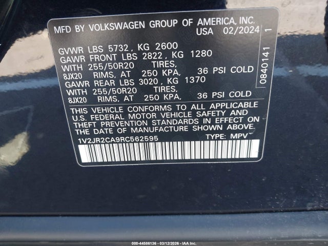 Aukcja sprzedaży 2024 Volkswagen Atlas 2.0t Se W/technology, vin: 1V2JR2CA9RC562595, numer aukcji: 44586136
