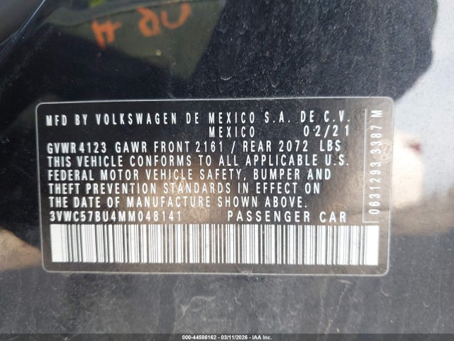 44586162 :رقم المزاد ، 3VWC57BU4MM048141 vin ، 2021 Volkswagen Jetta 1.4t R-line/1.4t S/1.4t Se مزاد بيع