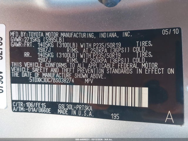 Продажа на аукционе авто 2011 Toyota Sienna Se, vin: 5TDXK3DC7BS038274, номер лота: 44586221