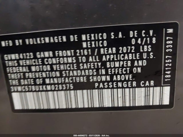 Продаж на аукціоні авто 2019 Volkswagen Jetta 1.4t R-line/1.4t S/1.4t Se, vin: 3VWC57BUXKM028375, номер лоту: 44586272