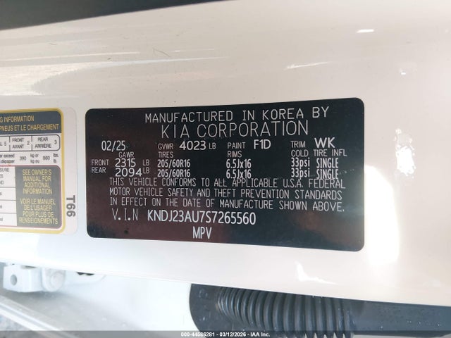 2025 Kia Soul S მანქანა იყიდება აუქციონზე, vin: KNDJ23AU7S7265560, აუქციონის ნომერი: 44586281