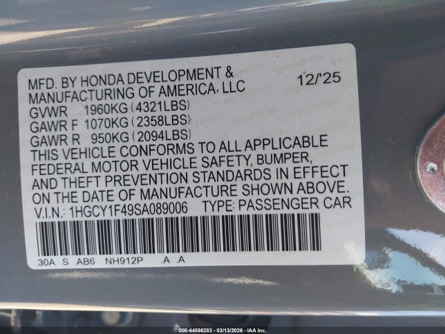 Honda ACCORD SE 2025 1HGCY1F49SA089006 Image 9