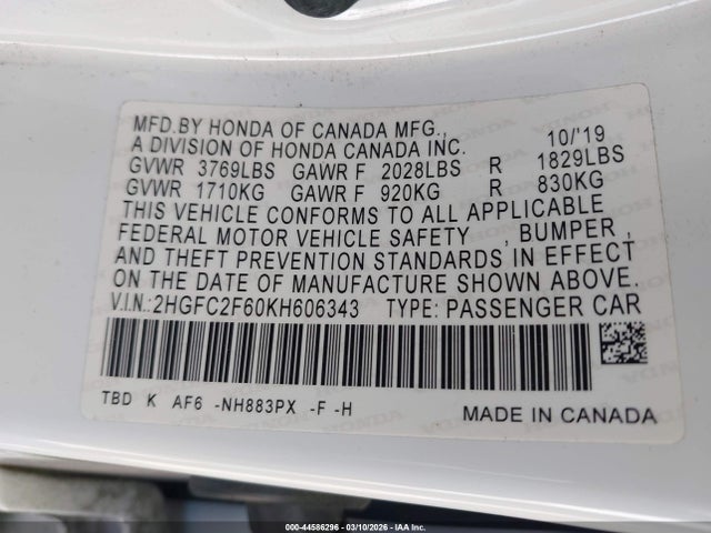 Honda Civic Lx 2019 2HGFC2F60KH606343 Image 9