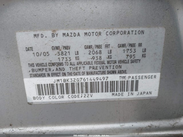 2006 Mazda Mazda3 I მანქანა იყიდება აუქციონზე, vin: JM1BK32G761449497, აუქციონის ნომერი: 44586317
