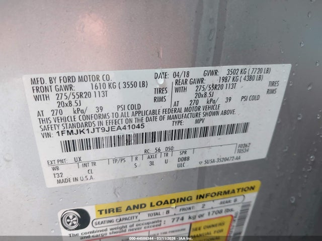 1FMJK1JT9JEA41045 Ford Expedition Max Xlt