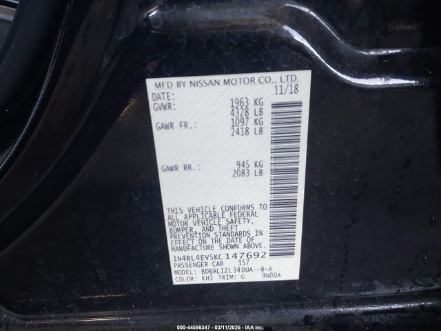 Продаж на аукціоні авто 2019 Nissan Altima 2.5 Sl, vin: 1N4BL4EV5KC147692, номер лоту: 44586347