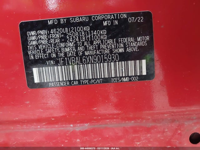 2022 Subaru Wrx Limited მანქანა იყიდება აუქციონზე, vin: JF1VBAL6XN9015930, აუქციონის ნომერი: 44586370