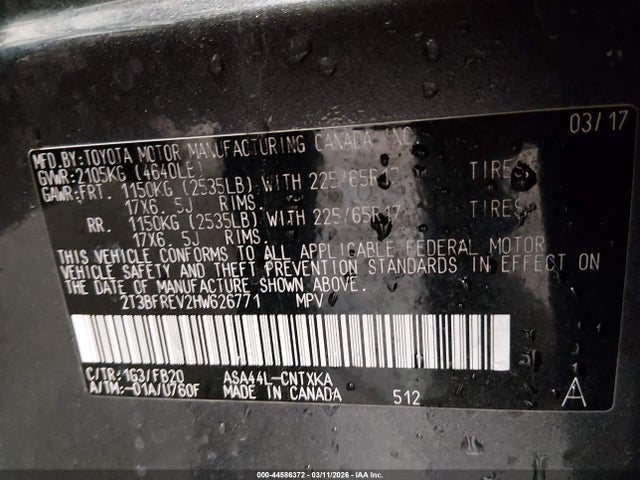2T3BFREV2HW626771 Toyota RAV4 LE