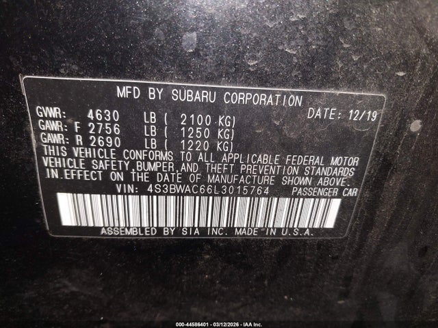 Aukcja sprzedaży 2020 Subaru Legacy Premium, vin: 4S3BWAC66L3015764, numer aukcji: 44586401