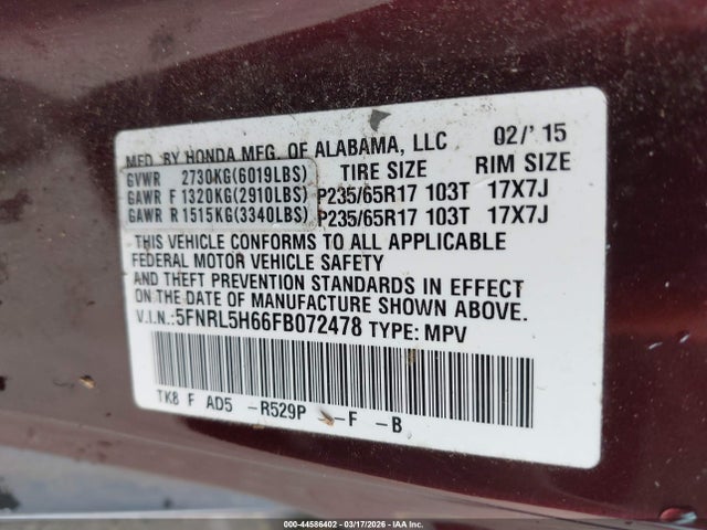 Honda Odyssey Ex-l 2015 5FNRL5H66FB072478 Image 9