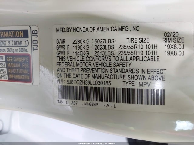 Aukcja sprzedaży 2020 Acura Rdx Standard, vin: 5J8TC2H36LL030185, numer aukcji: 44586405