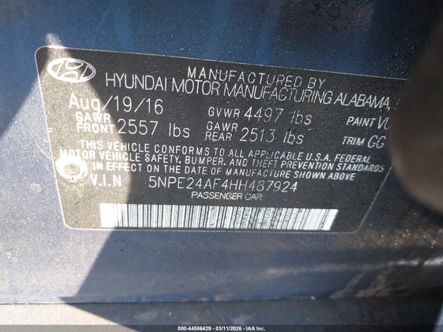 Aukcja sprzedaży 2017 Hyundai Sonata, vin: 5NPE24AF4HH487924, numer aukcji: 44586429