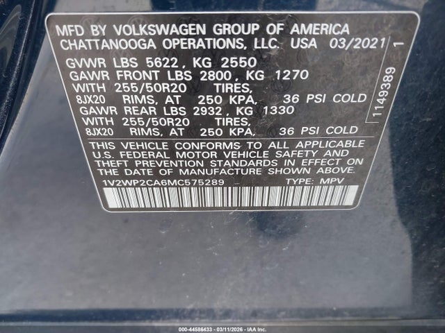 2021 Volkswagen Atlas 2.0t Se W/technology მანქანა იყიდება აუქციონზე, vin: 1V2WP2CA6MC575289, აუქციონის ნომერი: 44586433