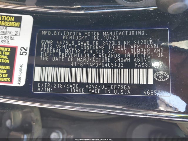 2021 Toyota Camry Se მანქანა იყიდება აუქციონზე, vin: 4T1G11AK0MU405433, აუქციონის ნომერი: 44586446