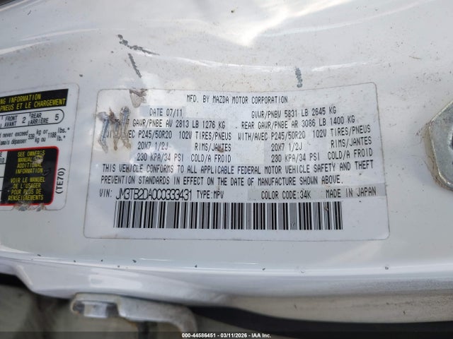 Aukcja sprzedaży 2012 Mazda Cx-9 Grand Touring, vin: JM3TB2DA0C0333431, numer aukcji: 44586451