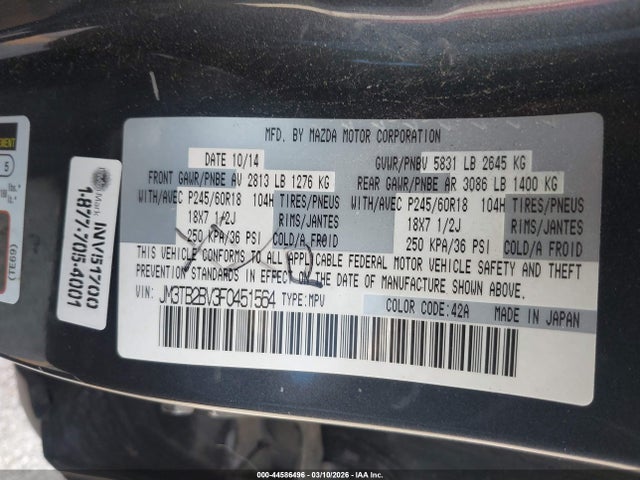 44586496 :رقم المزاد ، JM3TB2BV3F0451564 vin ، 2015 Mazda Cx-9 Sport مزاد بيع