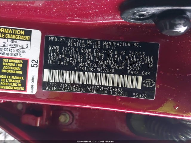 4T1B11HK7JU507050 Toyota CAMRY XLE