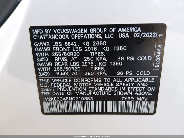 2022 Volkswagen Atlas Cross Sport 3.6l V6 Se W/technology მანქანა იყიდება აუქციონზე, vin: 1V2KE2CA5NC210883, აუქციონის ნომერი: 44586543
