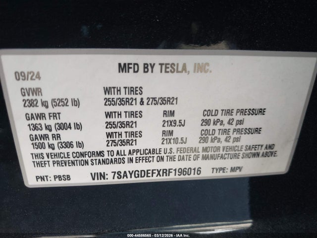 2024 Tesla Model Y Performance Dual Motor All-wheel Drive მანქანა იყიდება აუქციონზე, vin: 7SAYGDEFXRF196016, აუქციონის ნომერი: 44586565