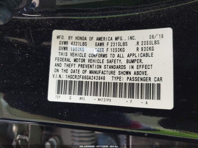 1HGCR2F86GA243846 Honda Accord Ex-l