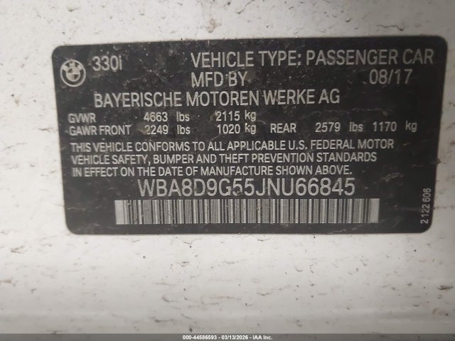 44586593 :رقم المزاد ، WBA8D9G55JNU66845 vin ، 2018 Bmw 330i Xdrive مزاد بيع