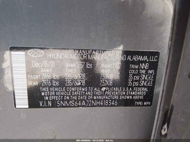 Продажа на аукционе авто 2022 Hyundai Santa Fe Sel, vin: 5NMS64AJ2NH418346, номер лота: 44586594