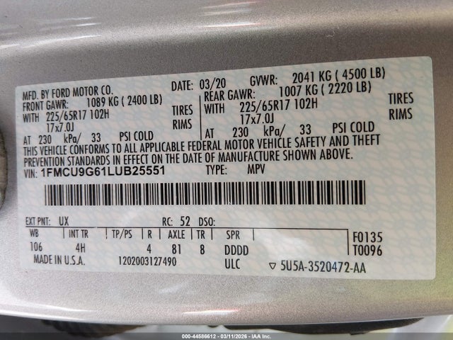 1FMCU9G61LUB25551 Ford ESCAPE SE