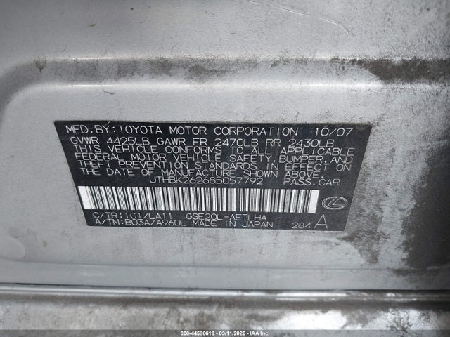 Продажа на аукционе авто 2008 Lexus Is 250, vin: JTHBK262685057792, номер лота: 44586618