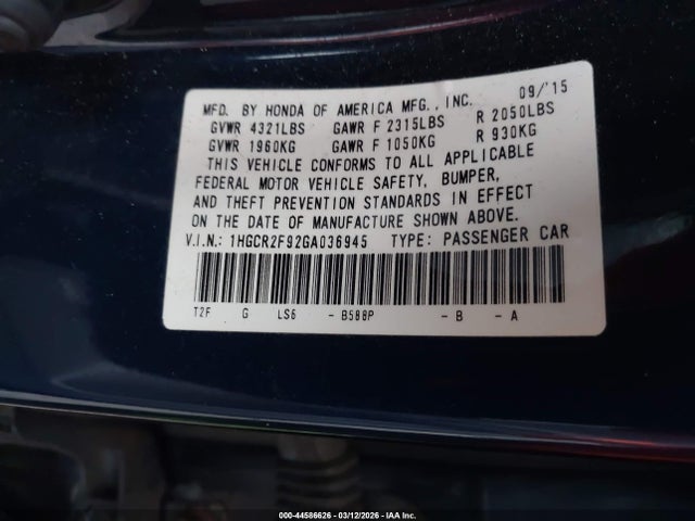 1HGCR2F92GA036945 Honda Accord Ex-l