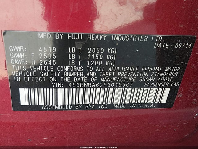 44586633 :رقم المزاد ، 4S3BNBA62F3019567 vin ، 2015 Subaru Legacy 2.5i مزاد بيع