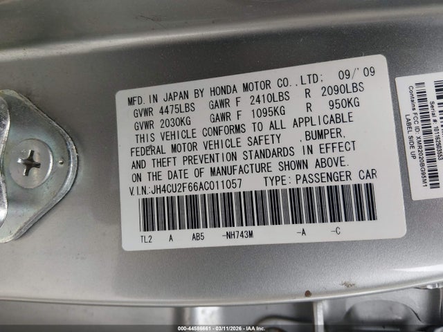 44586661 :رقم المزاد ، JH4CU2F66AC011057 vin ، 2010 Acura Tsx 2.4 مزاد بيع