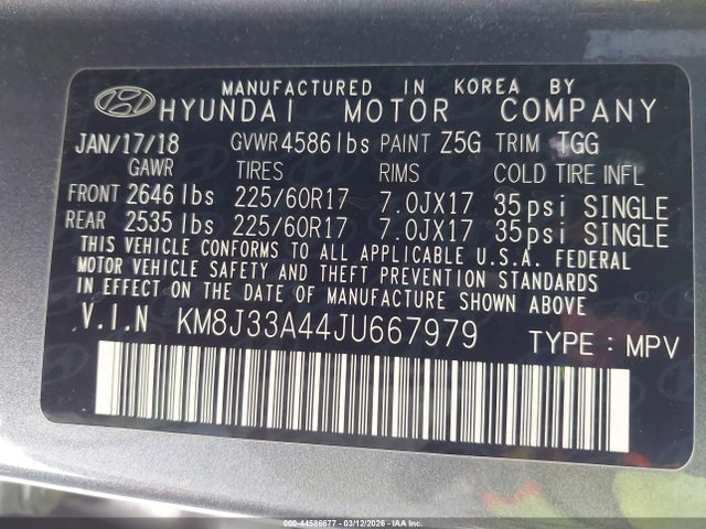 Aukcja sprzedaży 2018 Hyundai Tucson Sel, vin: KM8J33A44JU667979, numer aukcji: 44586677