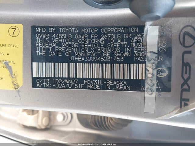 44586697 :رقم المزاد ، JTHBA30G945031453 vin ، 2004 Lexus Es 330 مزاد بيع