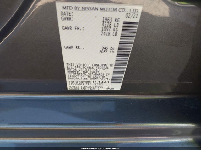 Продаж на аукціоні авто 2021 Nissan Altima Sv Fwd, vin: 1N4BL4DV8MN361441, номер лоту: 44586703