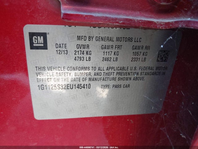 44586741 :رقم المزاد ، 1G1125S32EU145410 vin ، 2014 Chevrolet Impala 2lt مزاد بيع