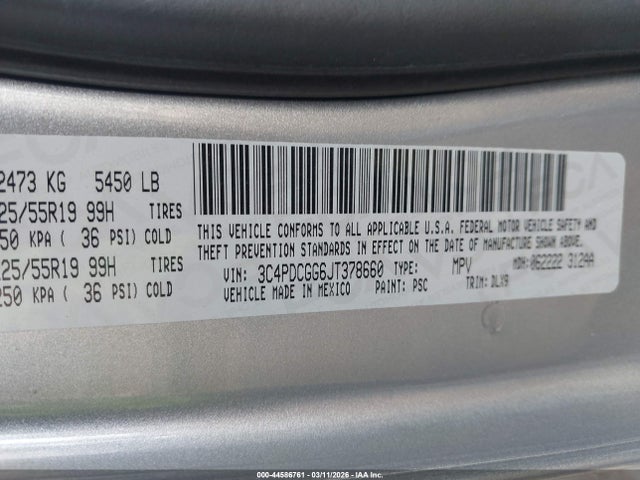 Aukcja sprzedaży 2018 Dodge Journey Crossroad, vin: 3C4PDCGG6JT378660, numer aukcji: 44586761