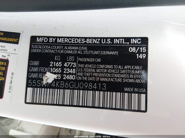 2016 Mercedes-benz C 300 4matic მანქანა იყიდება აუქციონზე, vin: 55SWF4KB6GU098413, აუქციონის ნომერი: 44586765