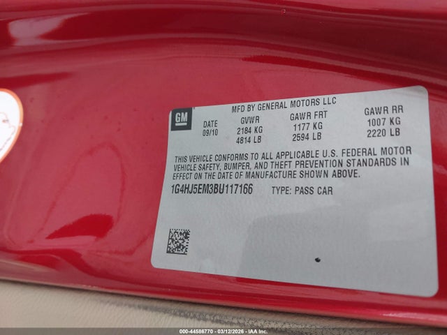 Продажа на аукционе авто 2011 Buick Lucerne Cxl Premium, vin: 1G4HJ5EM3BU117166, номер лота: 44586770