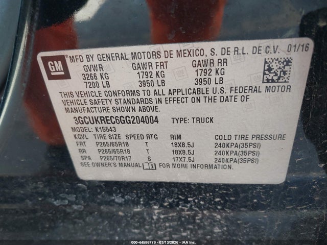 44586779 :رقم المزاد ، 3GCUKREC6GG204004 vin ، 2016 Chevrolet Silverado 1500 2lt مزاد بيع