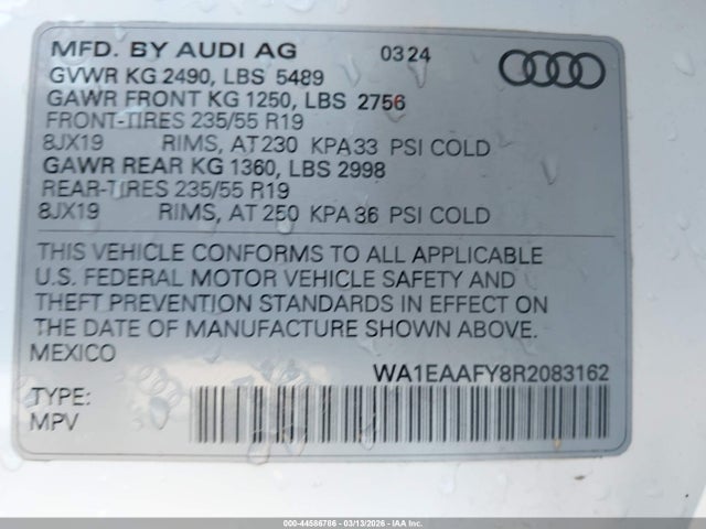 44586786 :رقم المزاد ، WA1EAAFY8R2083162 vin ، 2024 Audi Q5 Premium Plus 45 Tfsi S Line Quattro مزاد بيع