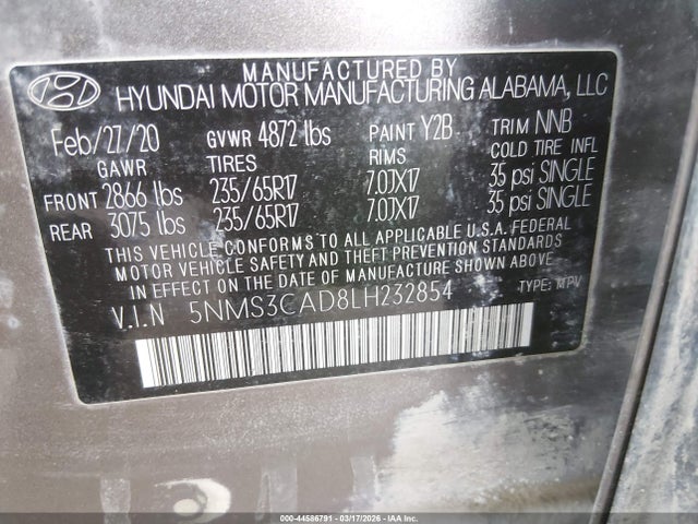 5NMS3CAD8LH232854 Hyundai Santa Fe Sel