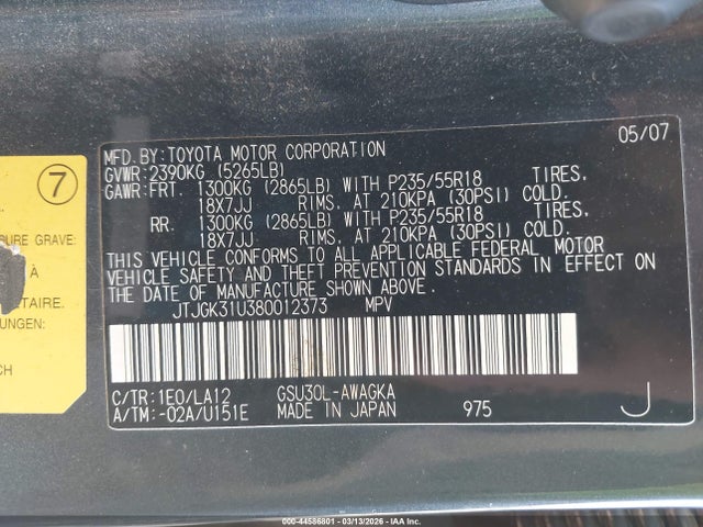 Aukcja sprzedaży 2008 Lexus Rx 350, vin: JTJGK31U380012373, numer aukcji: 44586801