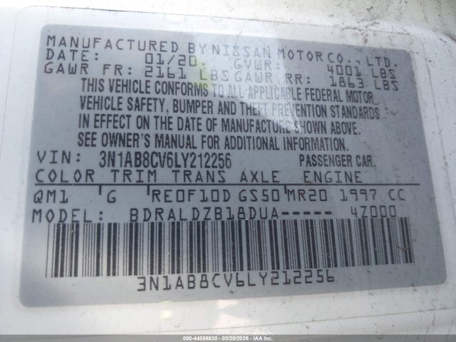 Продаж на аукціоні авто 2020 Nissan Sentra Sv Xtronic Cvt, vin: 3N1AB8CV6LY212256, номер лоту: 44586830